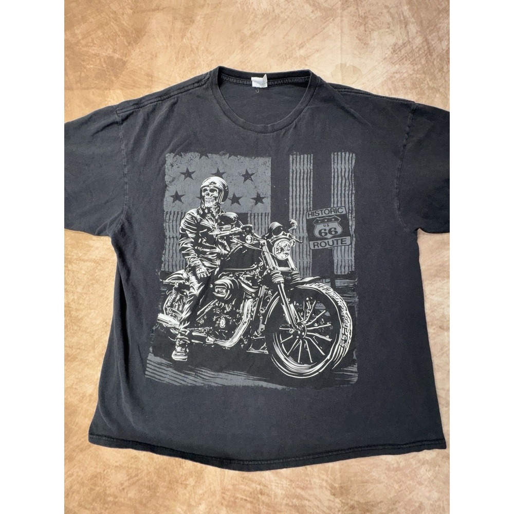 Vtg Delta Historic Route 66 Skeleton Biker Flag Shirt Black Mens XL Motorcycle